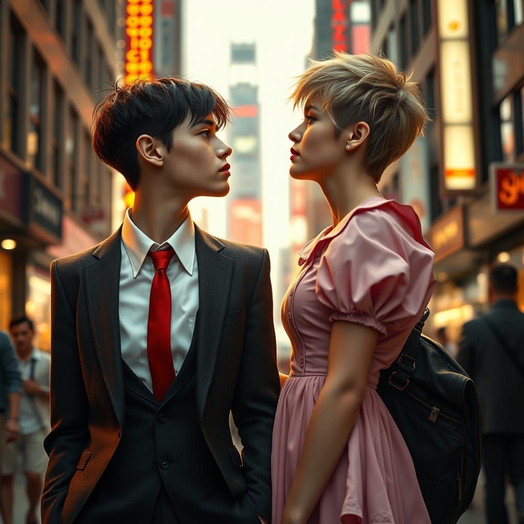Tomboy Woman Kissing Androgynous Guy in a Vibrant Cityscape