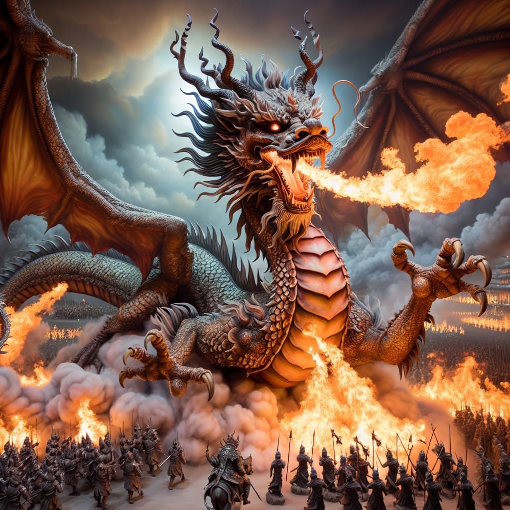 South Asian Dragon Soaring Over Battlefield