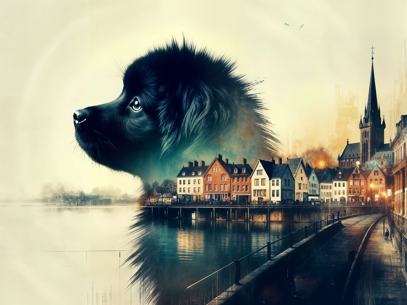 Misty Harbor Townscape with Newfoundland Dog