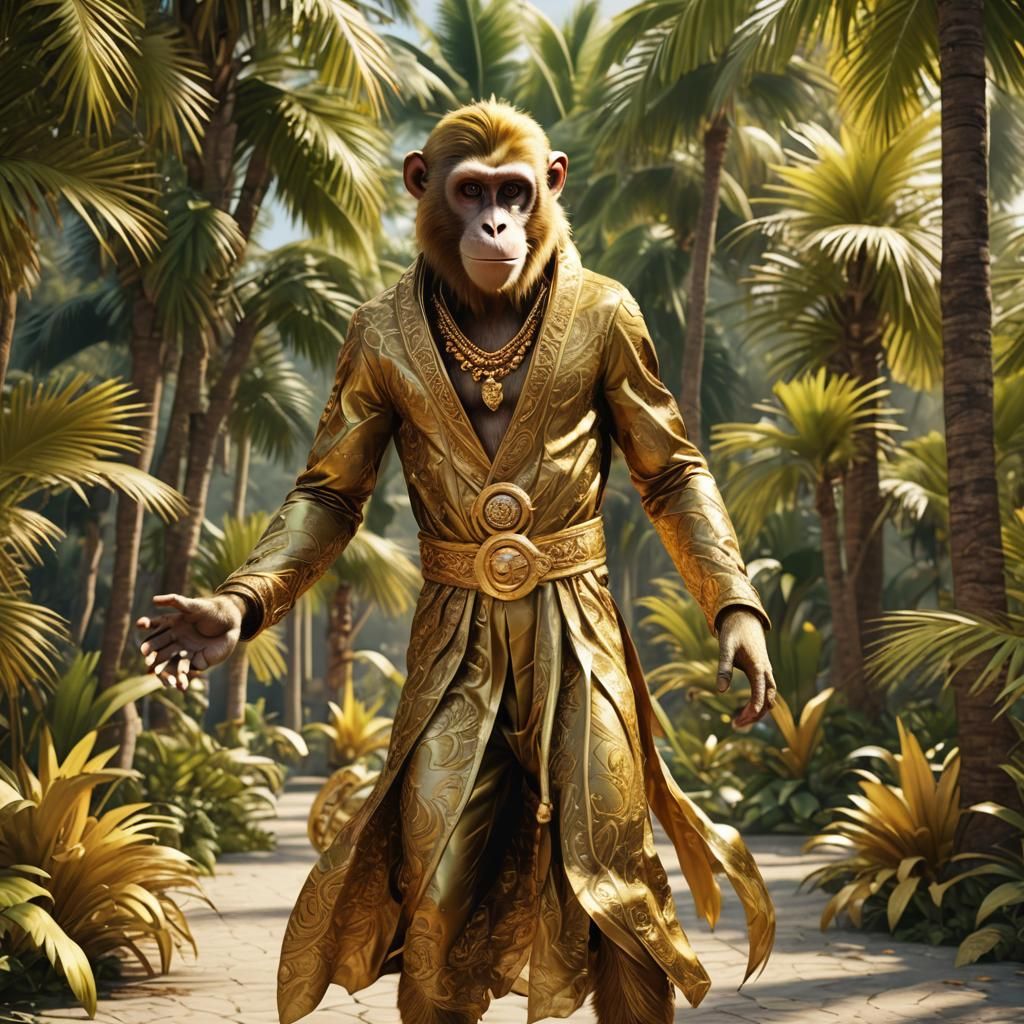 Animated Monkey Man in Golden Dress: 3D Digital Art