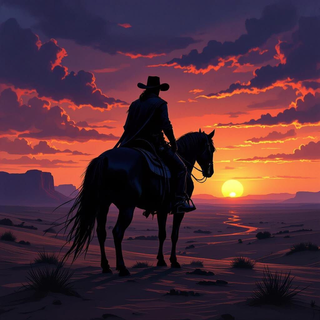 Cowboy Silhouette at Dusk in Desolate Desert