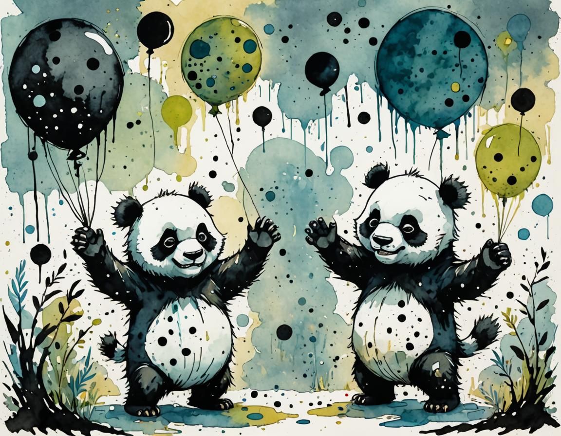 Grumpy Panda Monsters High-Fiving in Surreal Watercolor