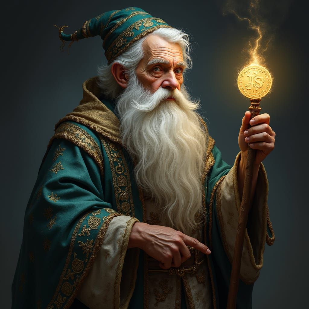Wise Wizard with Coin Beard in Fantasy Concept Art Style