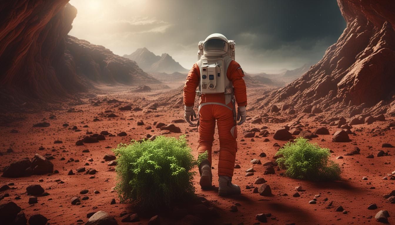 Astronaut's Discovery: Plant on Mars in Digital Art