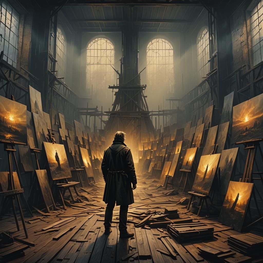 Action Painter in Dark Studio: Cinematic Digital Art