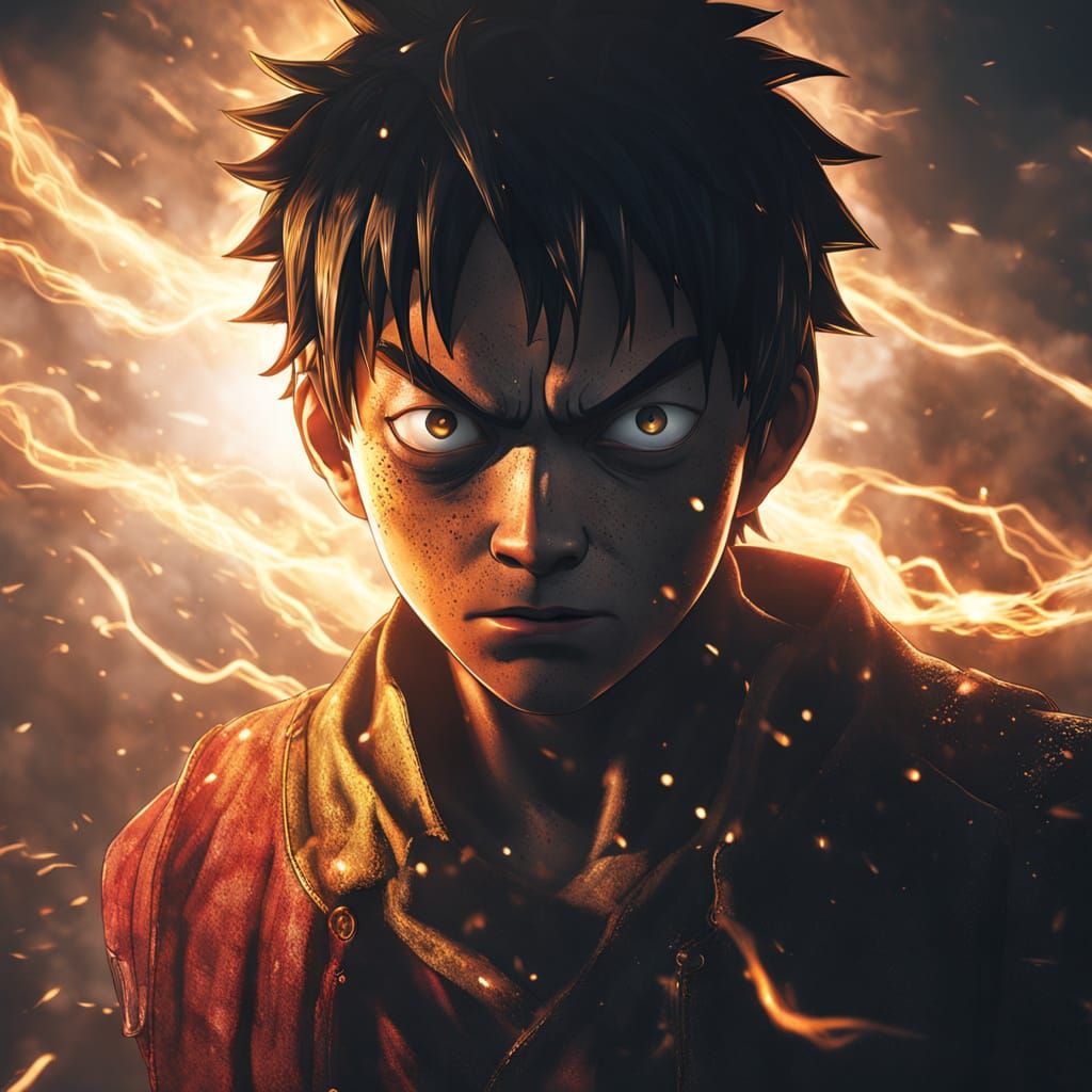 Hyper realistic one piece character design, luffy, mist.