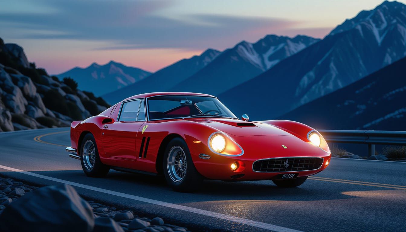 Red Ferrari 250 on Windswept Mountain Road