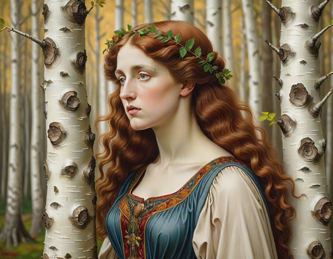 Woman in Birch Forest: A Pre-Raphaelite Painting