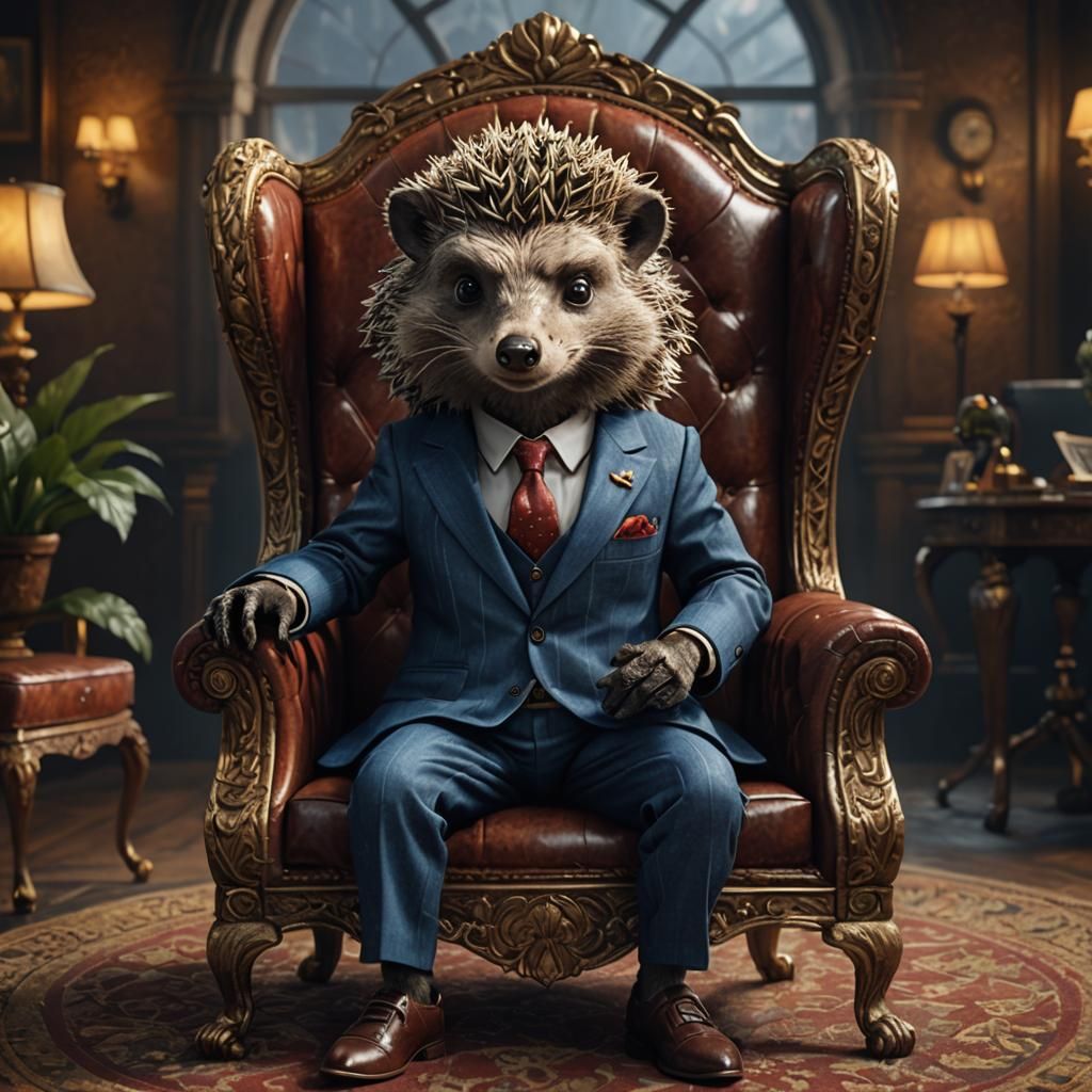 Hedgehog Gentleman in Suit, Detailed Digital Art
