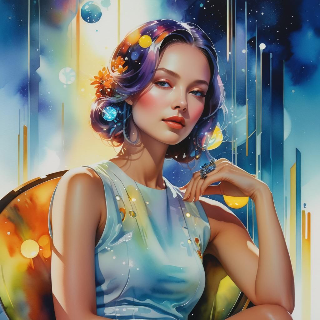 Relaxing Woman in Hypermodern Watercolor Sci-Fi Setting