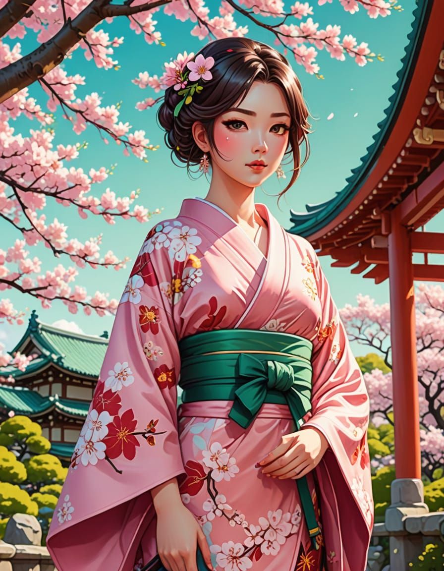 Anime Woman in Scarlet Kimono, Japanese Garden