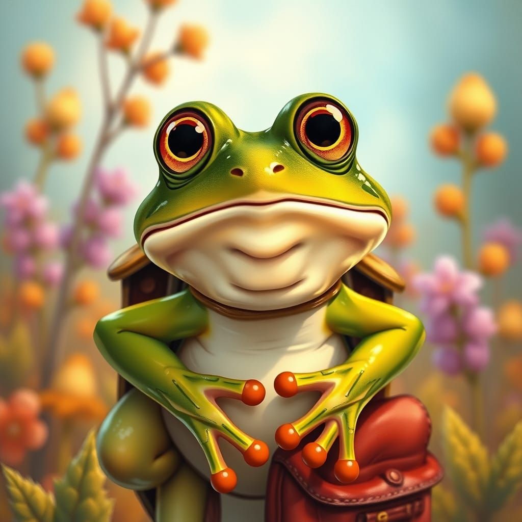 Surprised Frog with Backpack in Art Nouveau Style