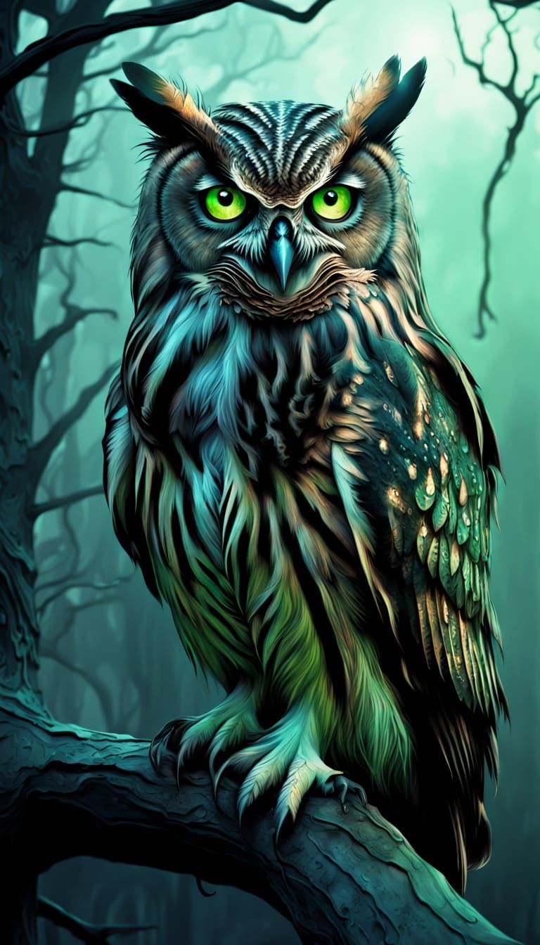 Owl's Glowing Emerald Eyes in Gothic Twilight