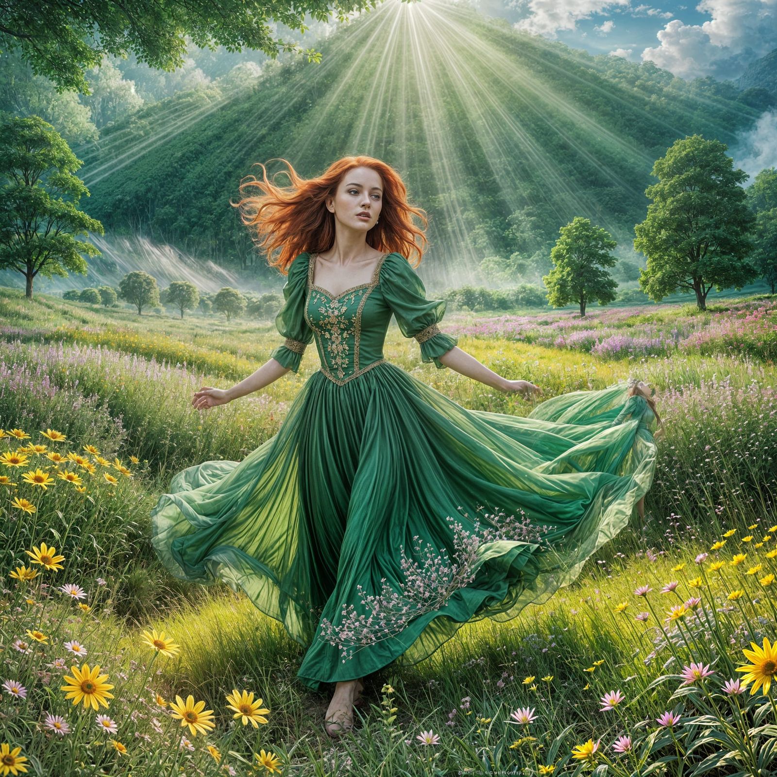 Red-Haired Woman Dancing in Mystical Flower Field