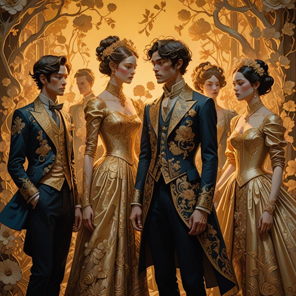 Elegant Performers Gather in Warm Golden Light