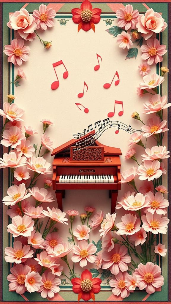 Carnation Bouquets with Musical Notes in Art Deco Style