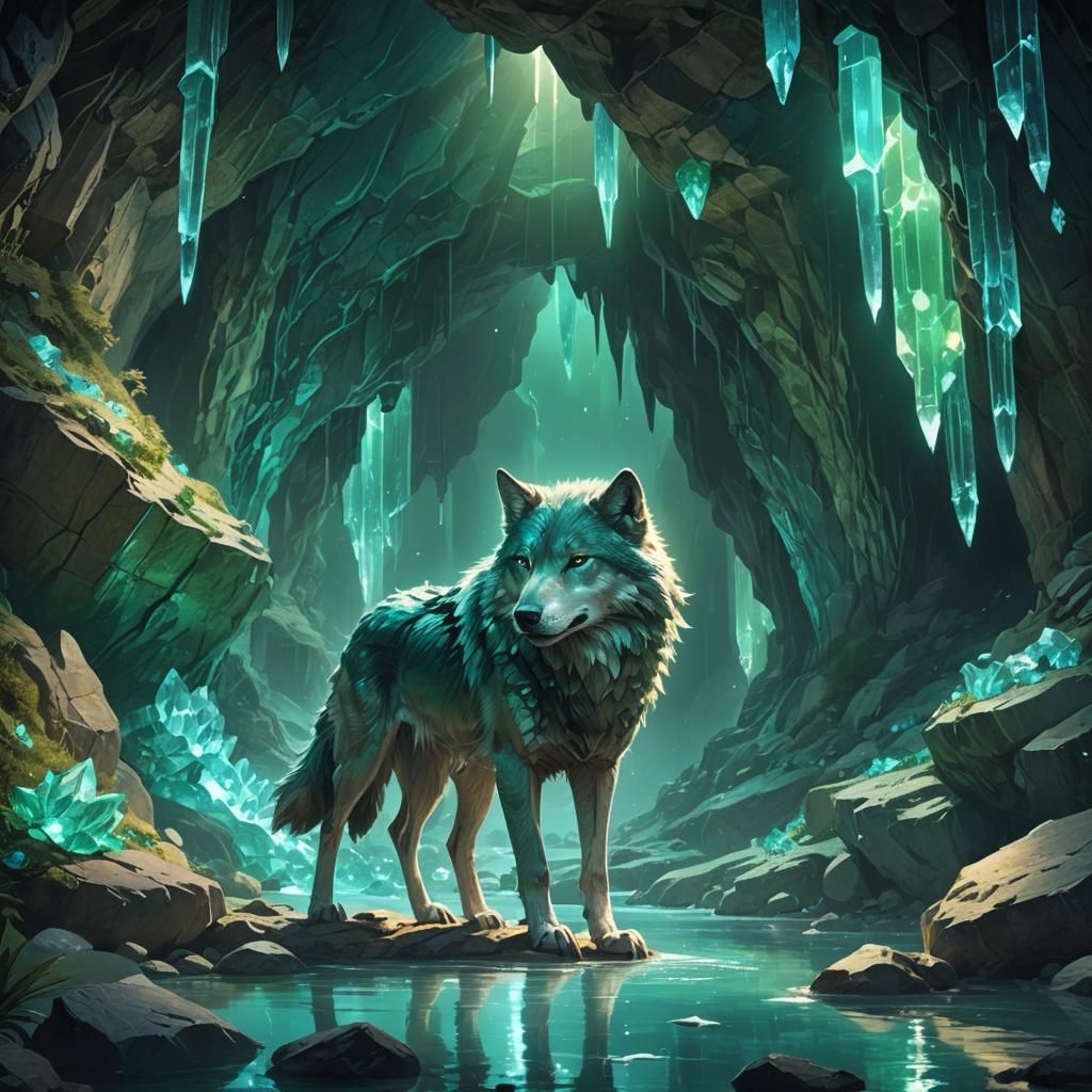 Glowing Wolf in Crystalline Cavern: Digital Concept Art