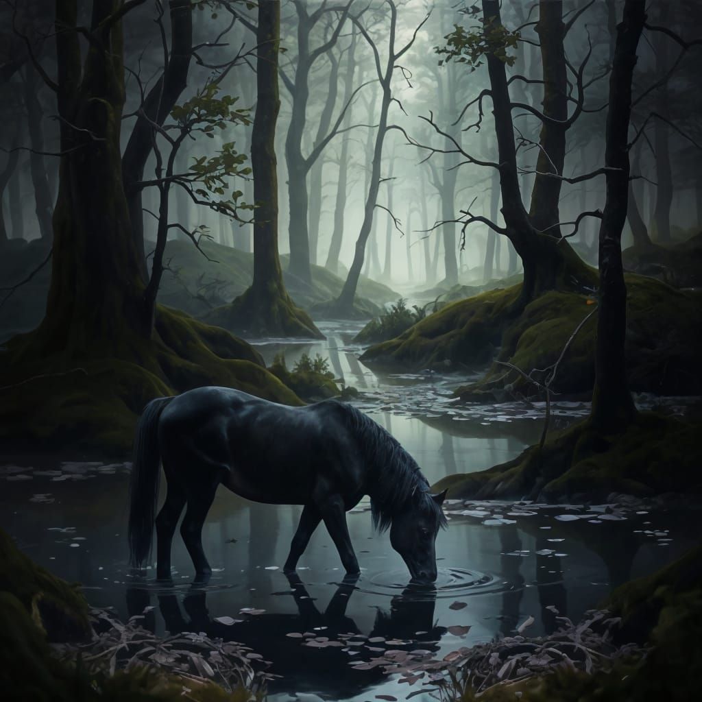 Eerie Black Horse in Misty Dusk Swamp