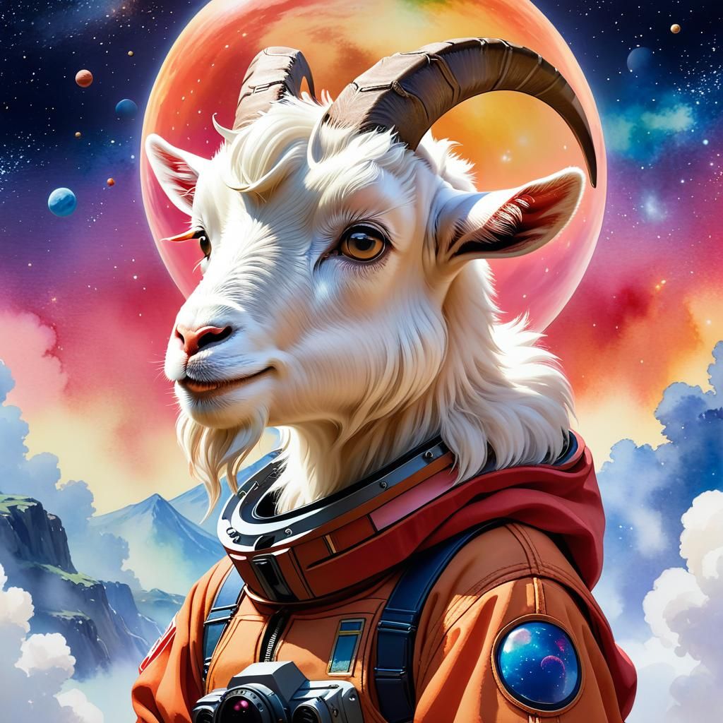 Cute Anime Space Goat in Watercolour Style