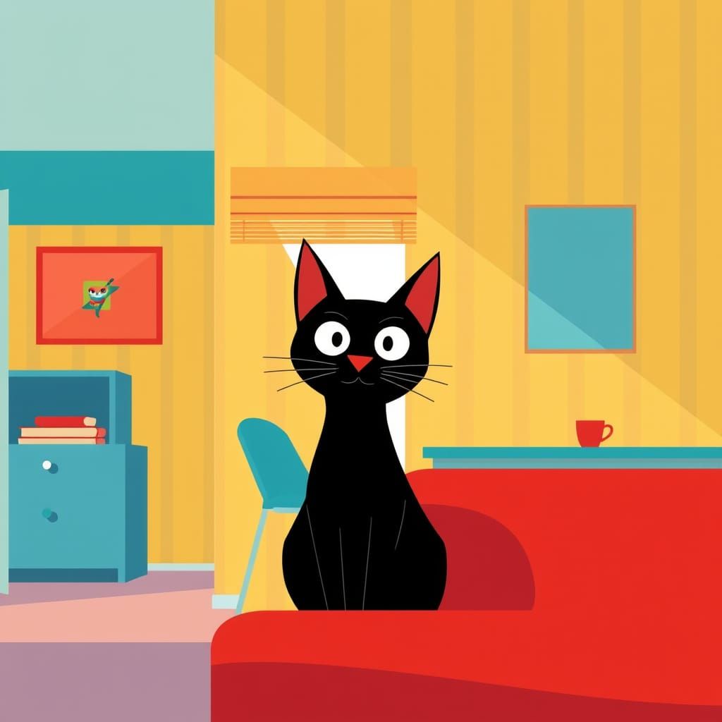 Modernist Feline Form in Retro-Inspired Scene