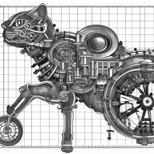 intricate detailed Blueprint drawing of a mechanical cat