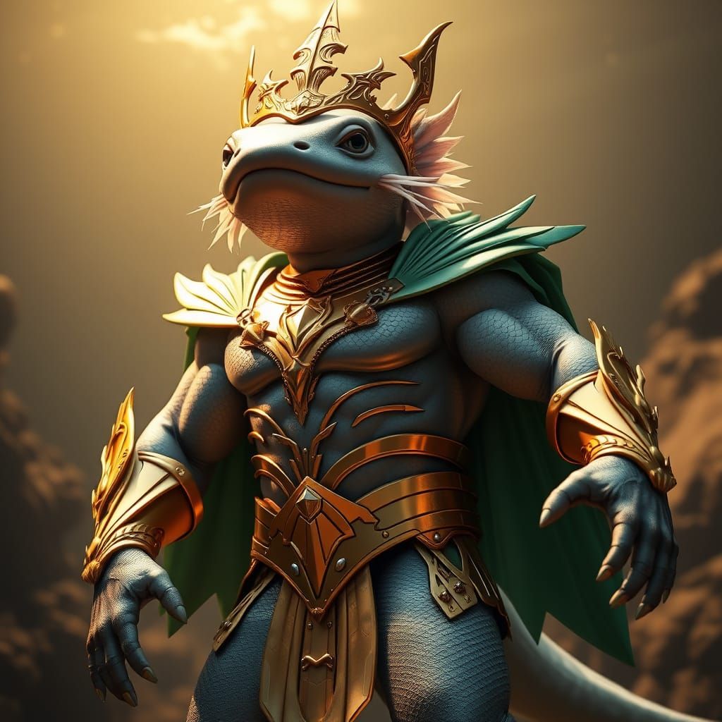 Regal Axolotl as Aquaman in Golden Atlantean Armor