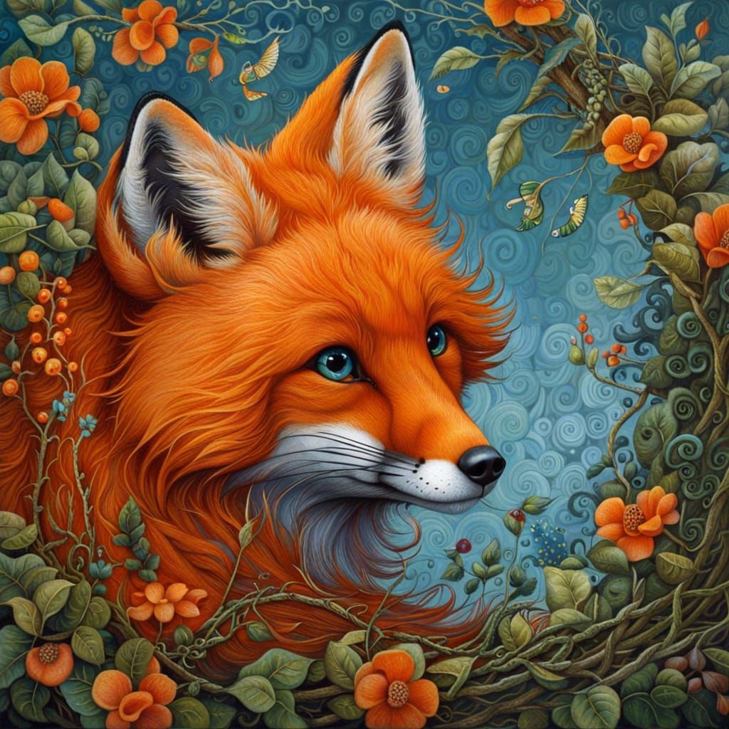 Intricate Fox Illustration in Fairy-Tale Style