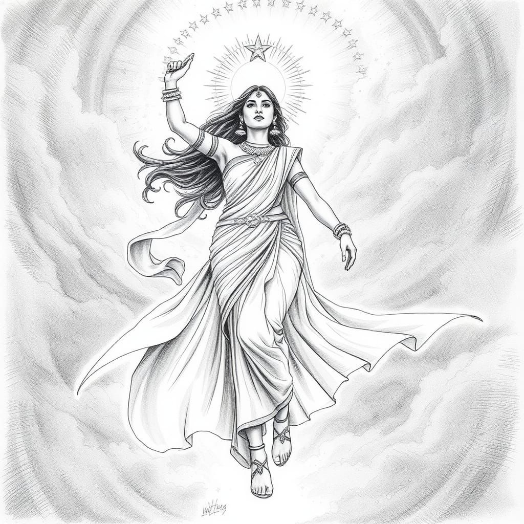 Ethereal Indian Goddess Ascends to Heavenly Realms in Pencil