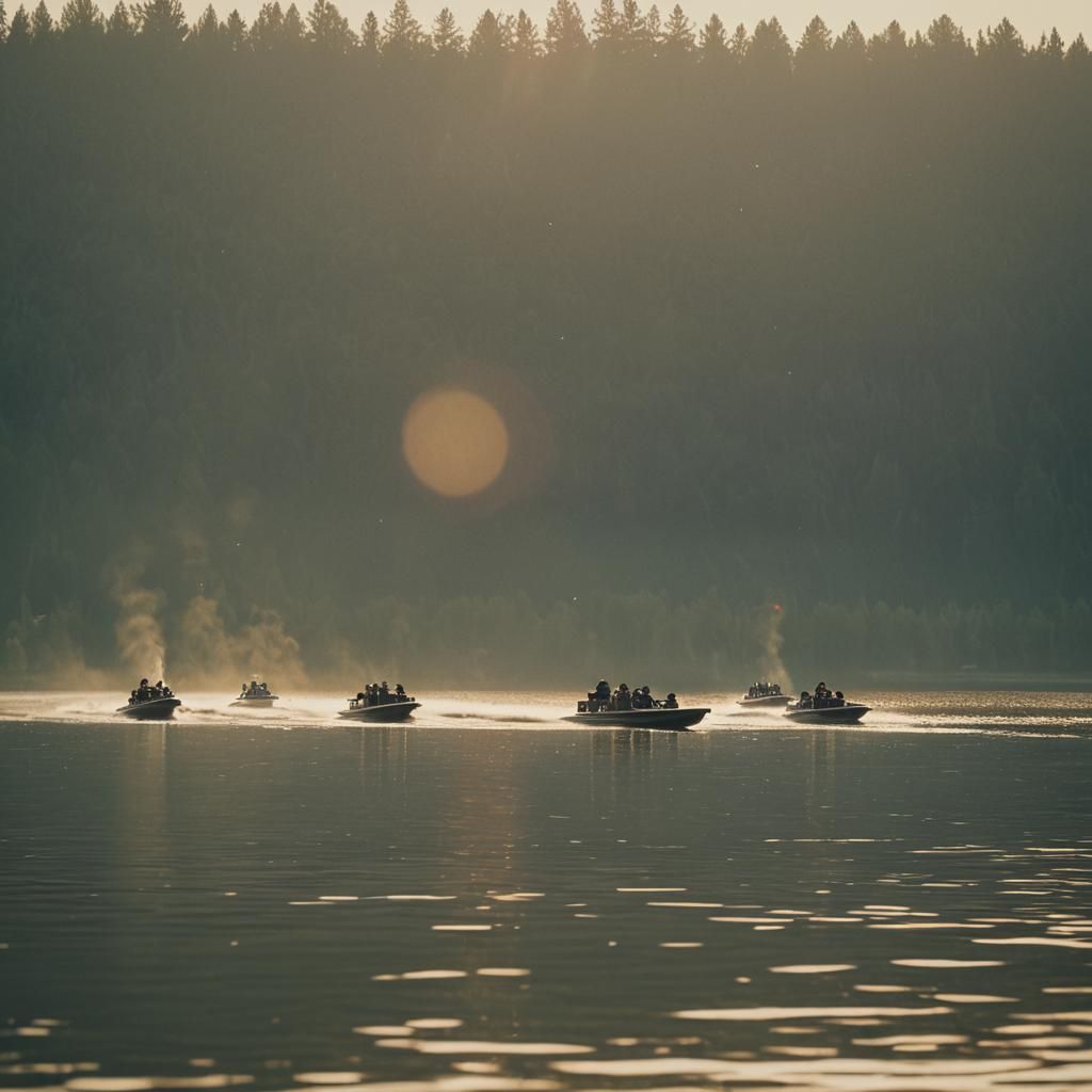 Bass Tournament Boats Racing at Dawn: Cinematic Film Still