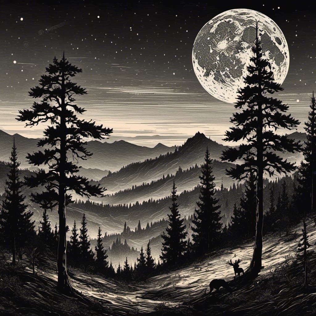 Pine Tree Silhouettes at Twilight with Crescent Moon