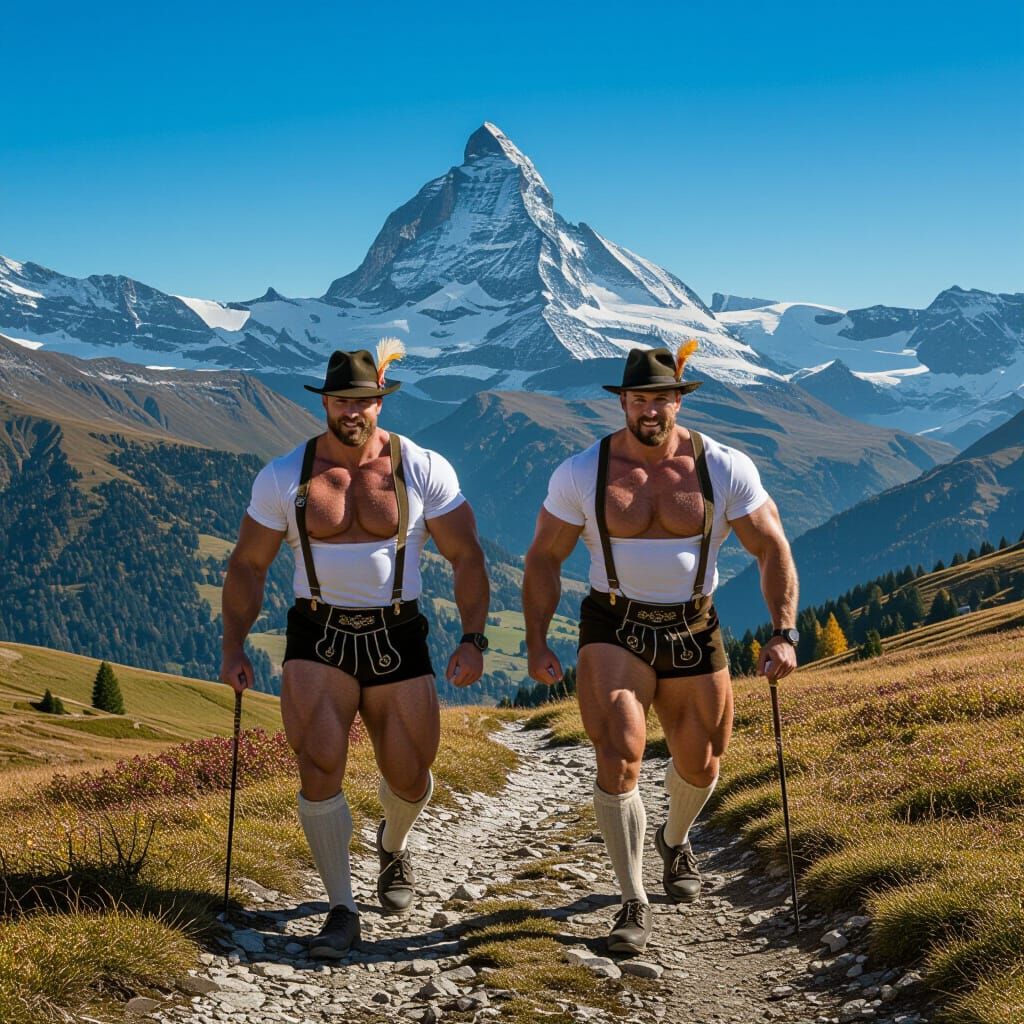 Hyperreal Swiss Alps Autumn Hike with Muscular Men