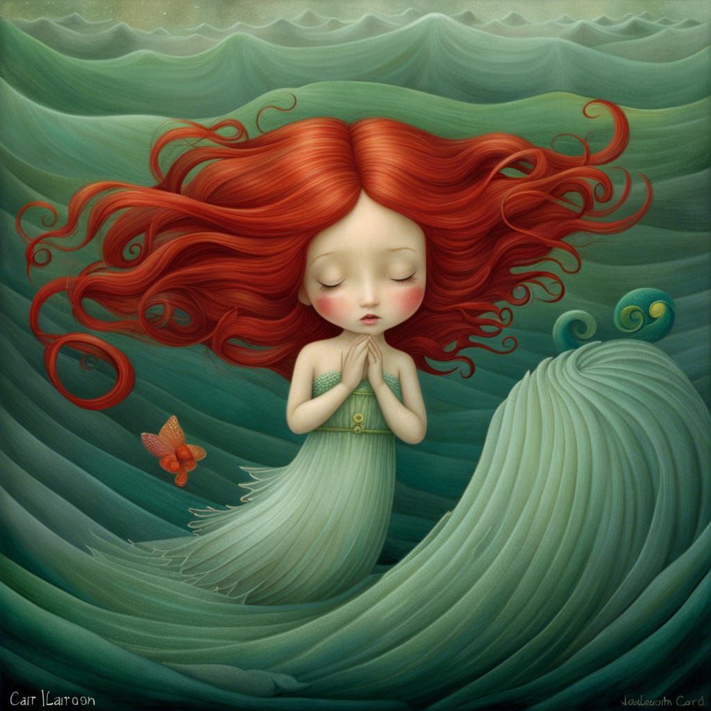 Red-Haired Mermaid Undine in Splashing Waves: Digital Collag...