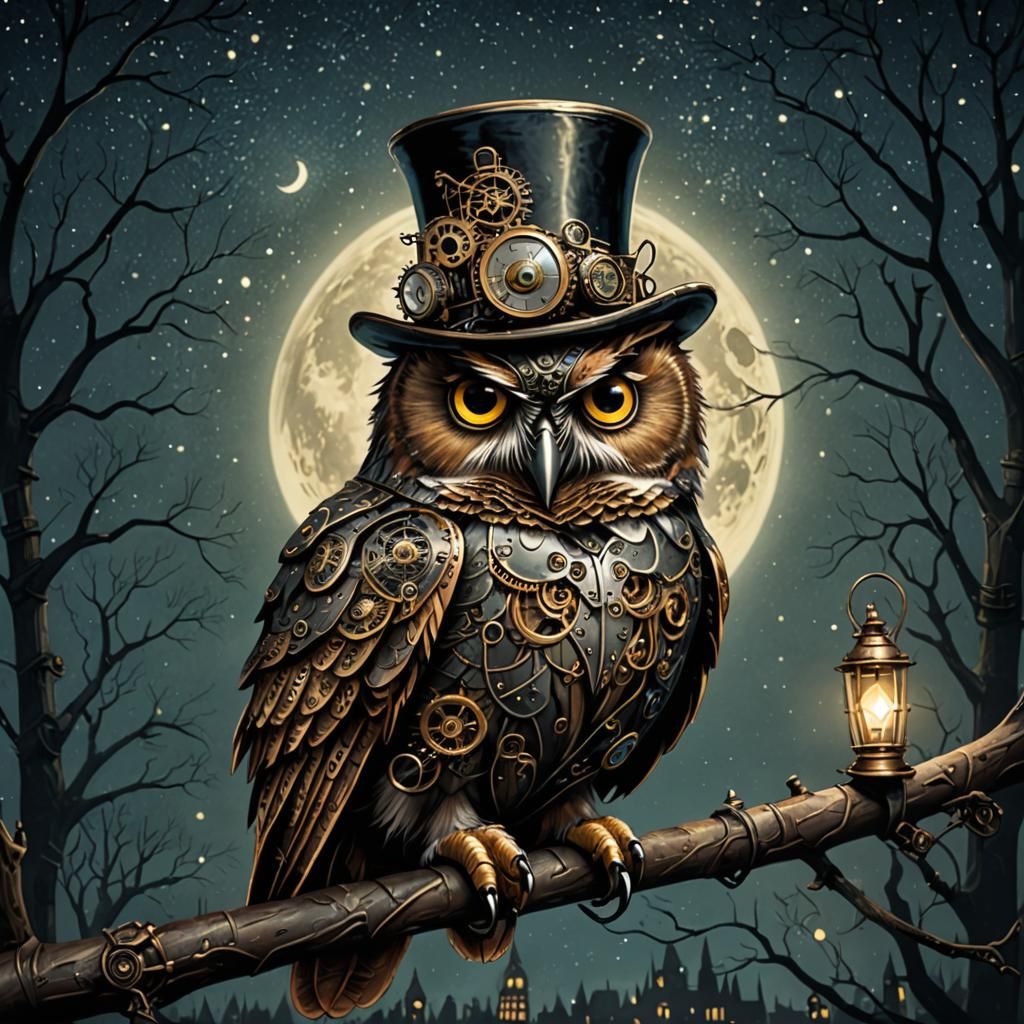 Steampunk Owl with Top Hat at Night