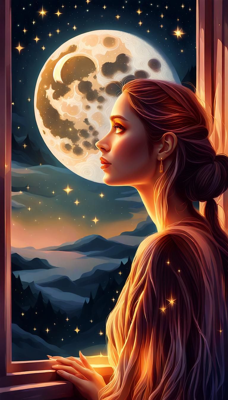 Young Girl Contemplates a Dreamy Full Moon