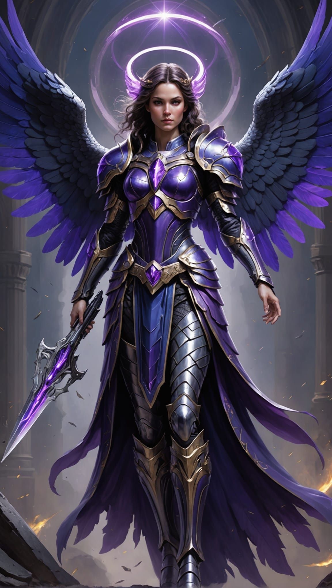 Armored Female Archangel with Purple Wings