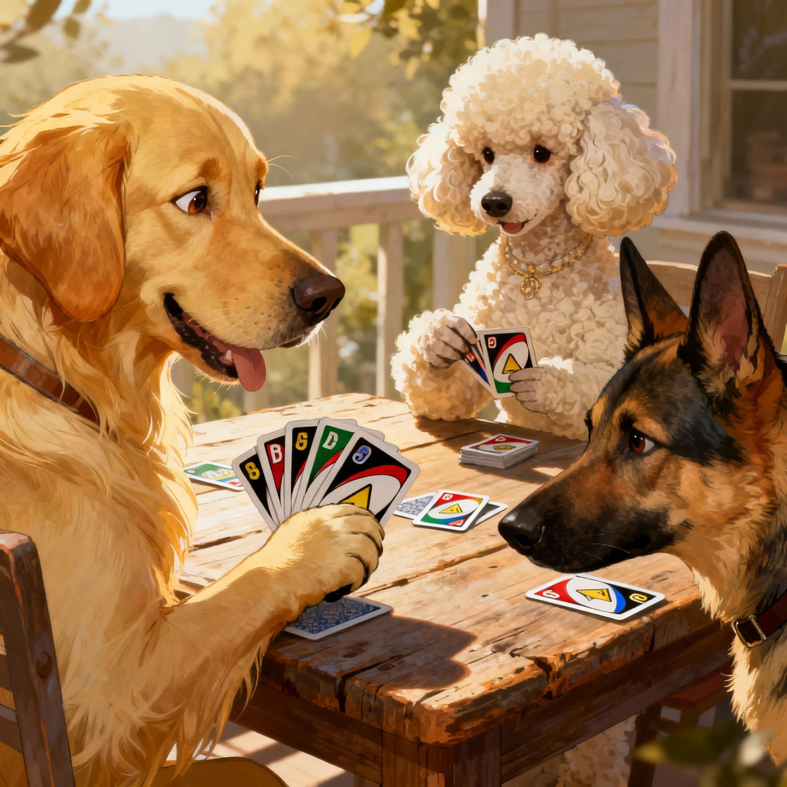 Dogs Play Uno in Whimsical Illustration Style
