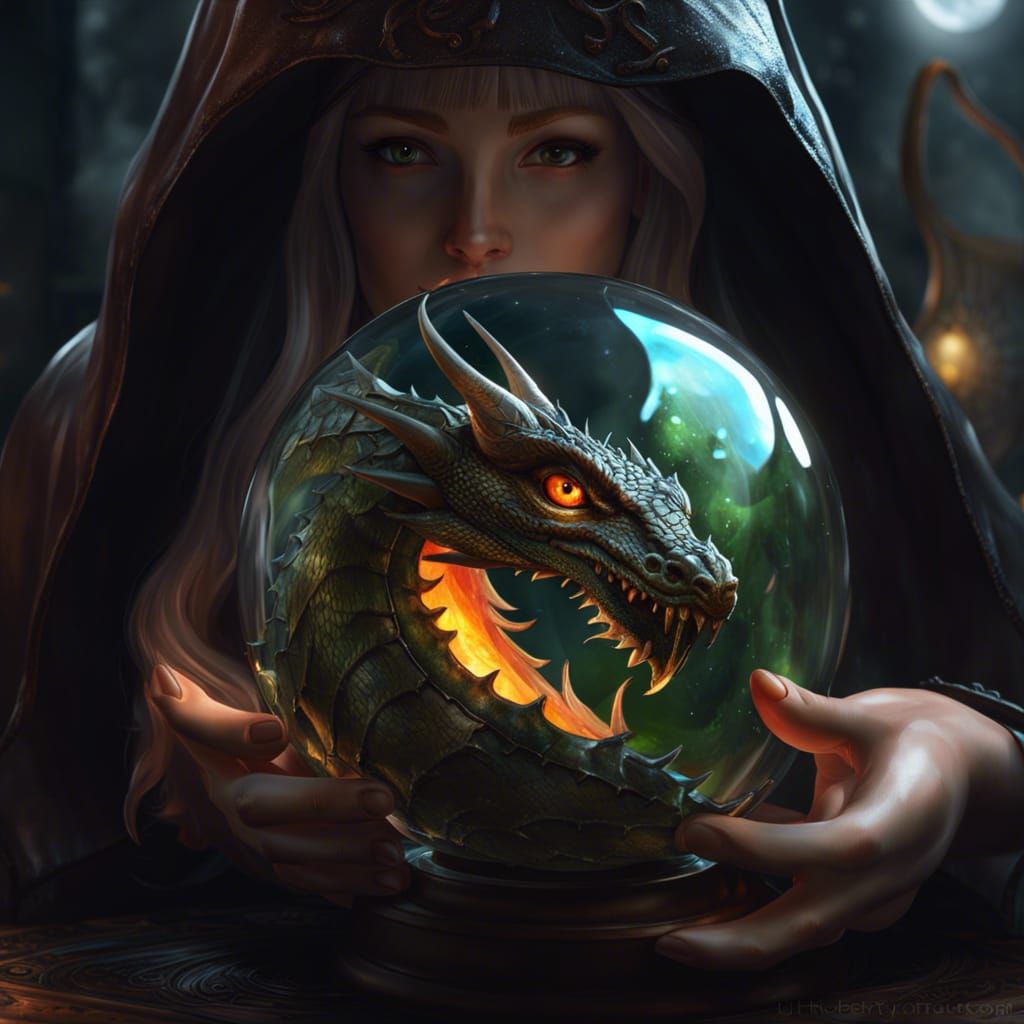 Witch Scrying a Dragon in Mixed Media