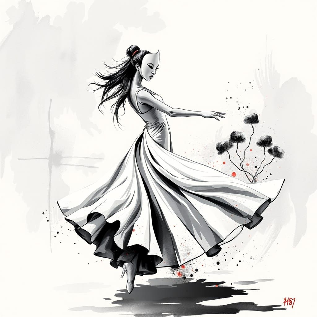 Ethereal Dancer in a Whimsical Japanese-Inspired Scene