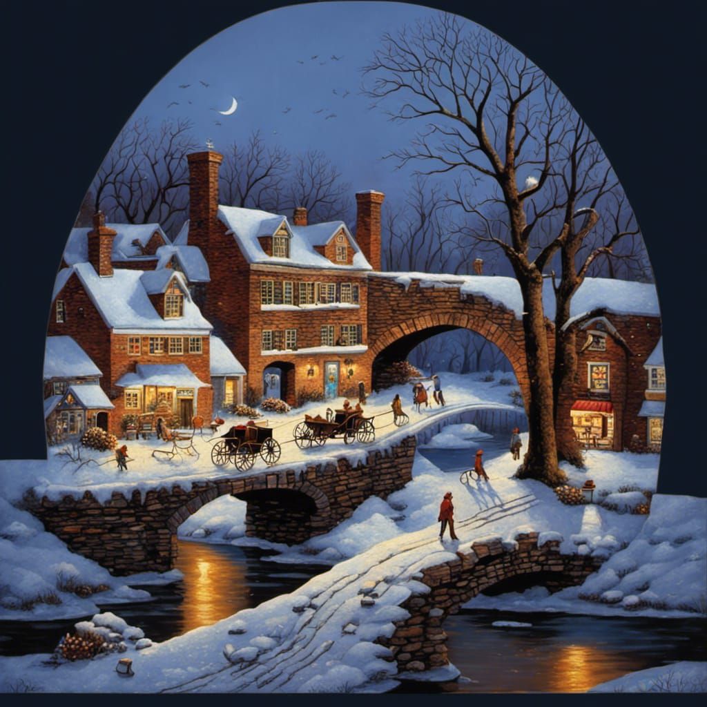 Whimsical Winter Village Scene with Stone Bridge