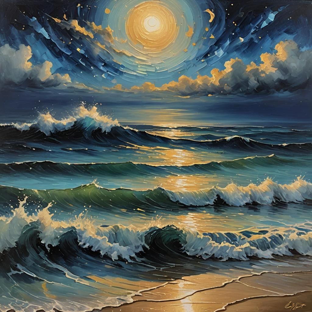 Impressionist Ocean Waves Under Moonlight