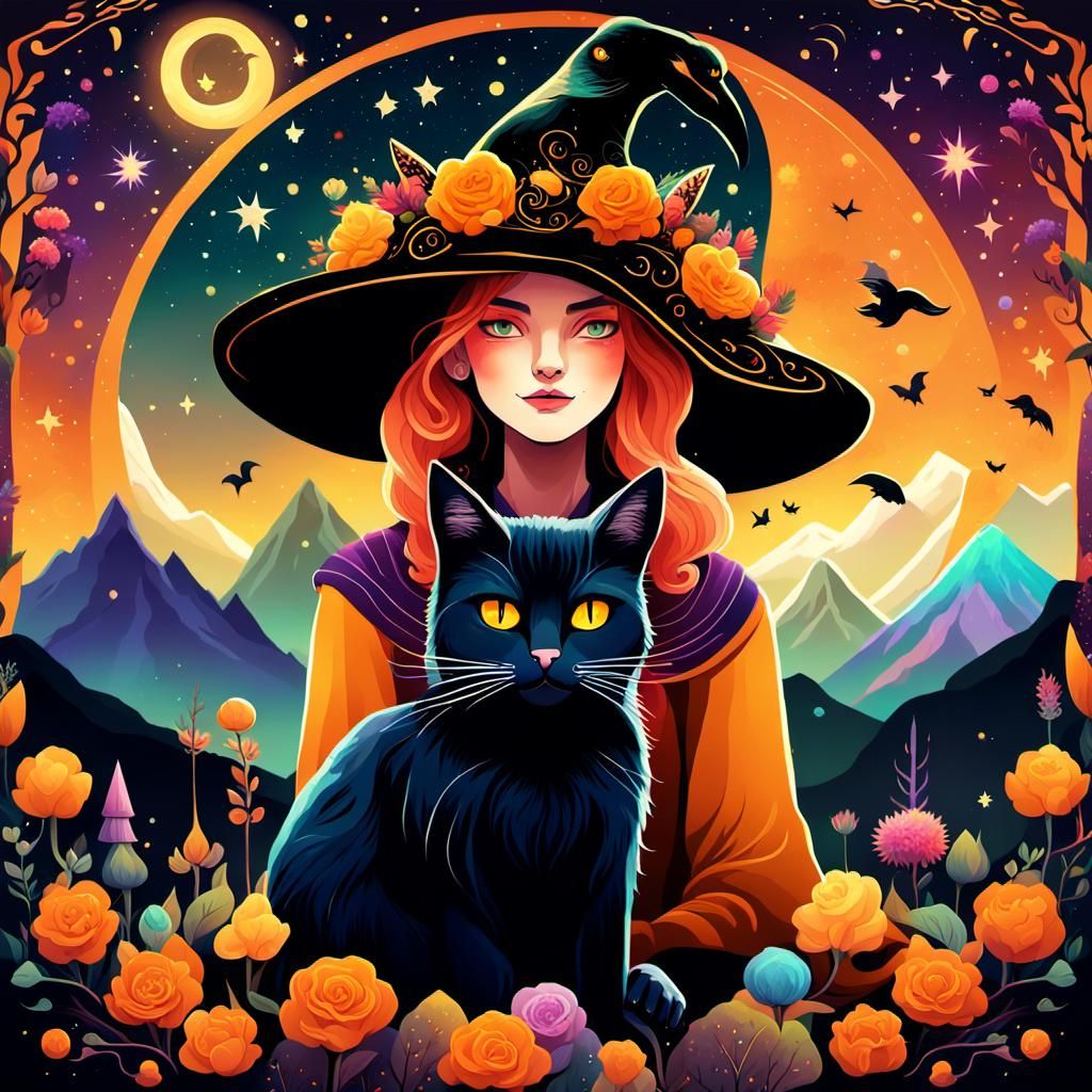 Whimsical Witch and Cat in Fantasy Landscape