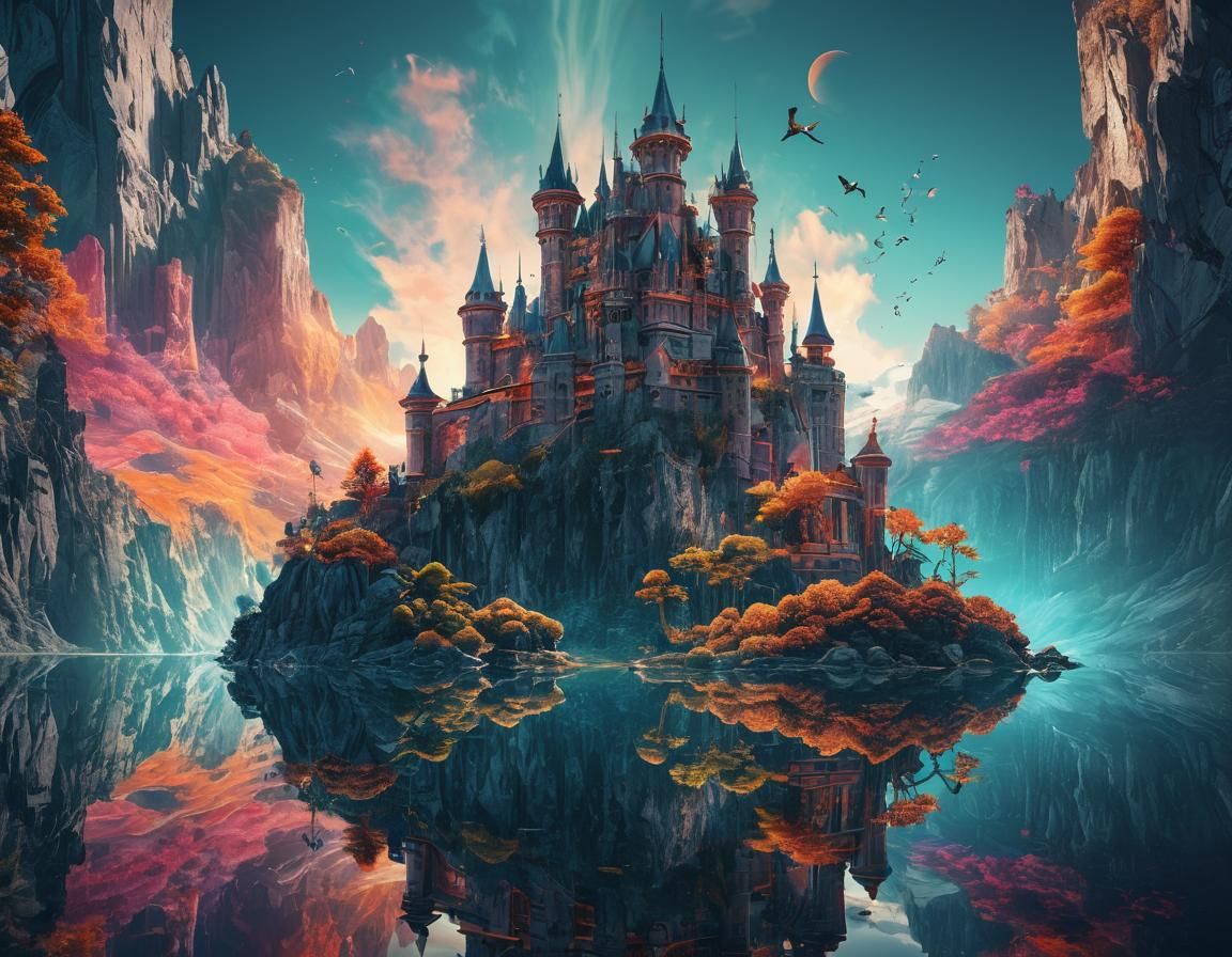 Vibrant Castlescape: Maximalist Double Exposure Photo