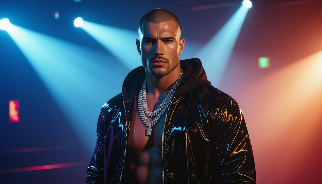 Nightclub Fashion: Muscular Man in PVC Hoodie
