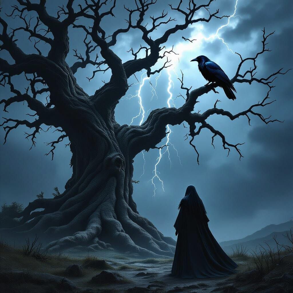Sorceress and Raven Under Stormy Sky