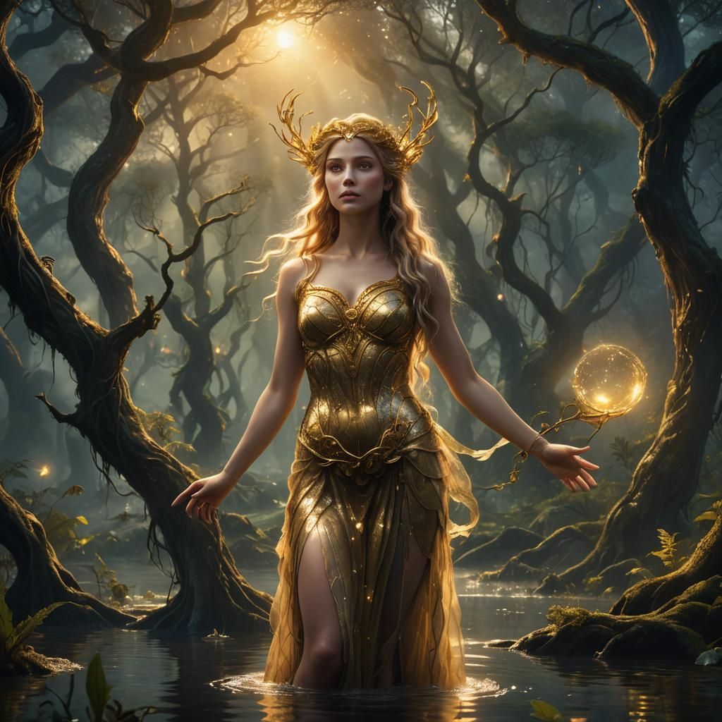Olympian Goddess in Swamp Forest: Fantasy Concept Art