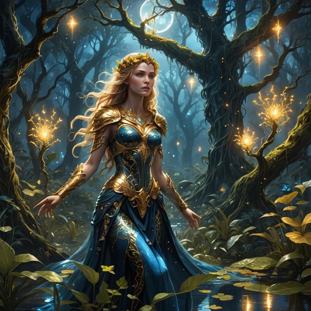 Aphrodite in Bioluminescent Swamp: Fantasy Concept Art