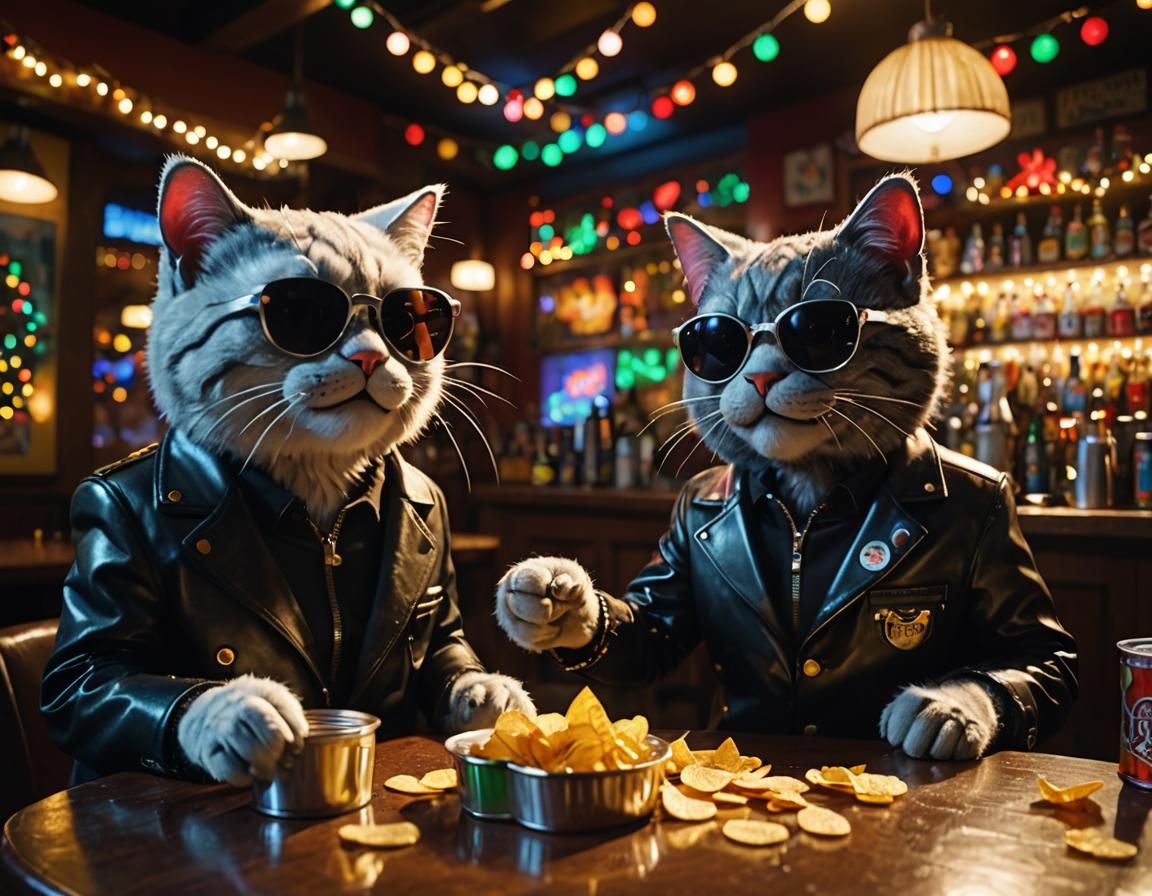 Festive Cats in Bar with Christmas Lights, Digital Art