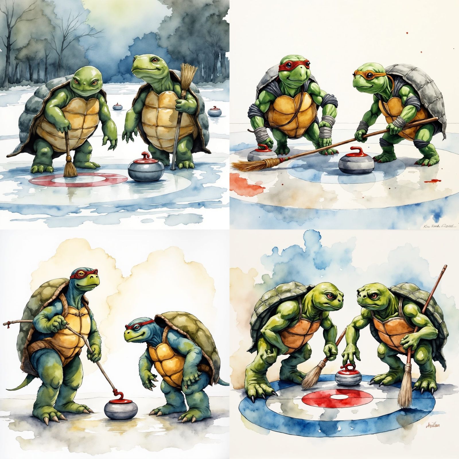 Turtles Take to the Curling Rink in Whimsical Watercolor Sty...