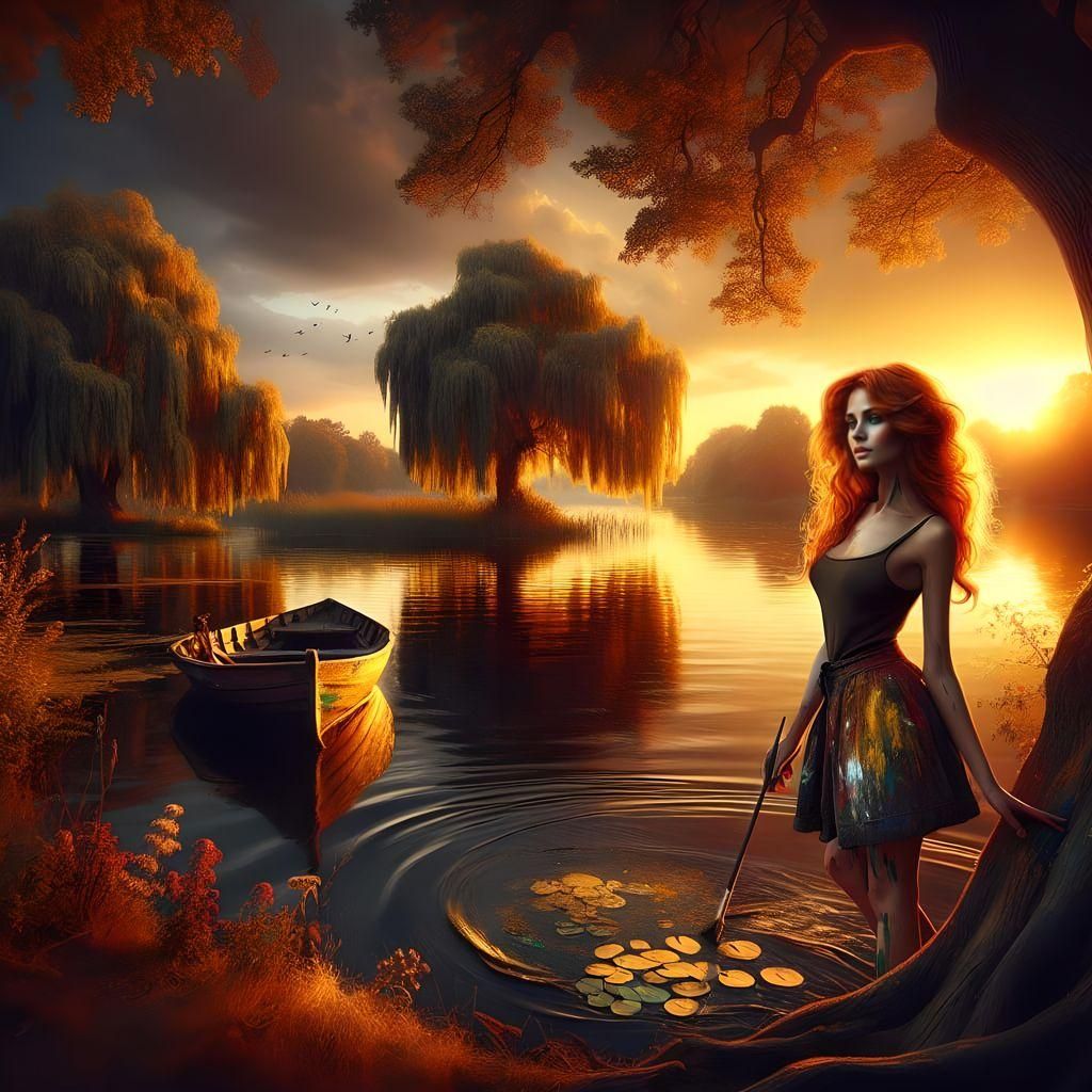 Idyllic Sunset Landscape with Artistic Redhead Woman