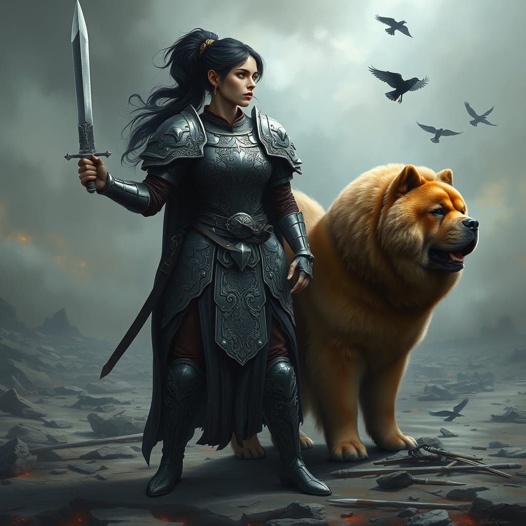 Regal Warrior Queen Surveys Battle Scarred Landscape with Lo...